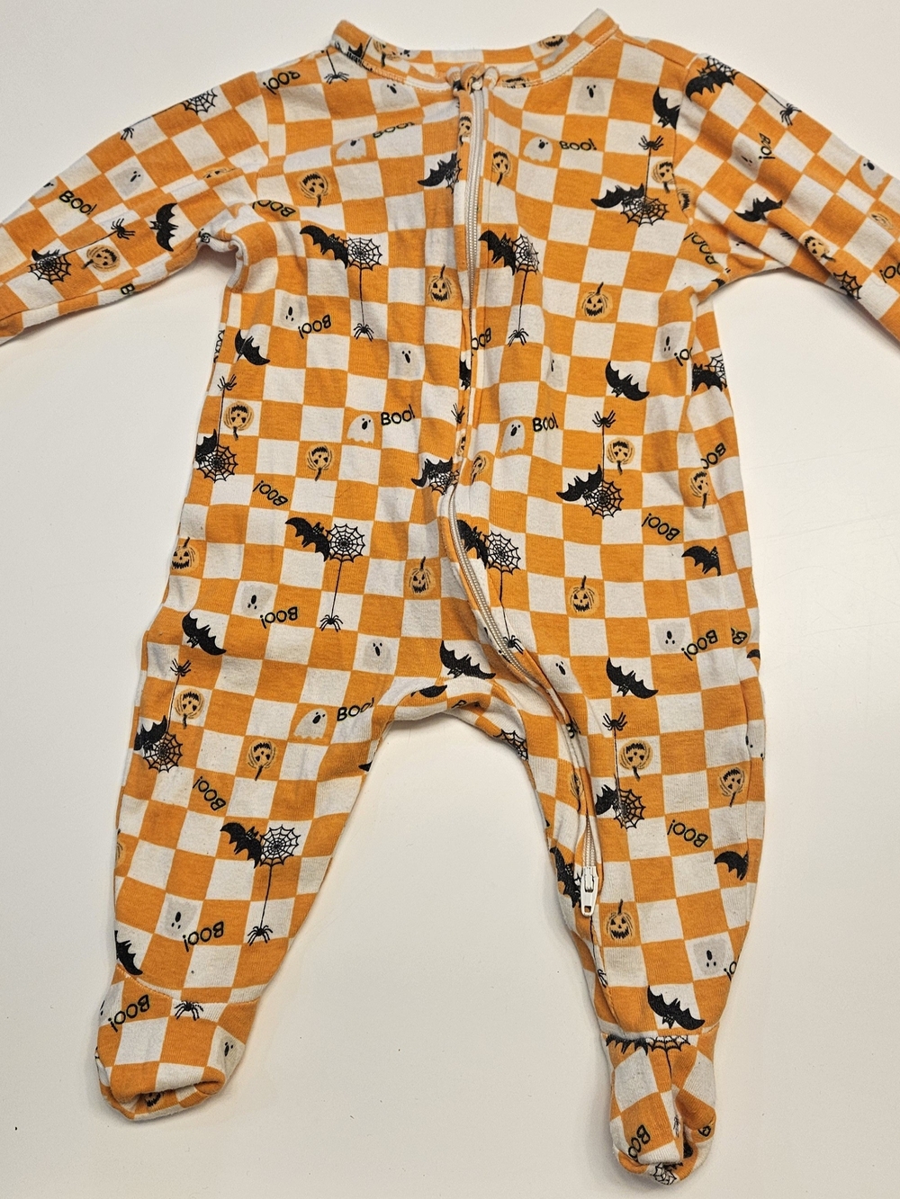 Old Navy Orange and White Halloween Checkerboard Footed One-Piece Zip-Up